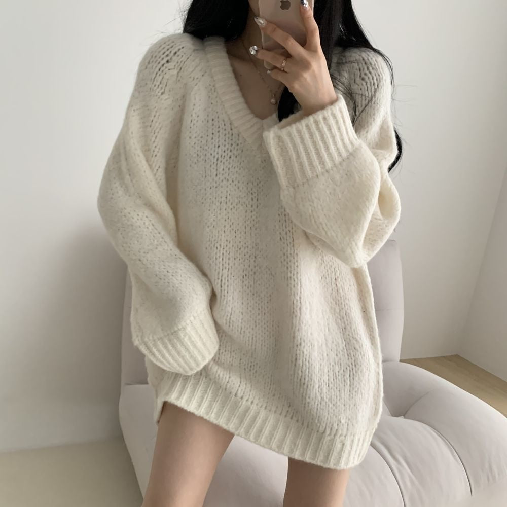 GirlKino 2022 Women V-Neck Pullovers Simple Loose O-Neck Oversize Autumn Sweaters Knitted Korean Fashion Long Sleeve Sweater Top
