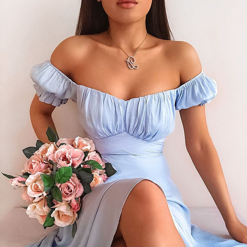 GirlKino Sexy Puff Sleeve Off The Should Summer Dress Solid Color High Waist Sashes Elegant Long Party Dresses For Women 2022