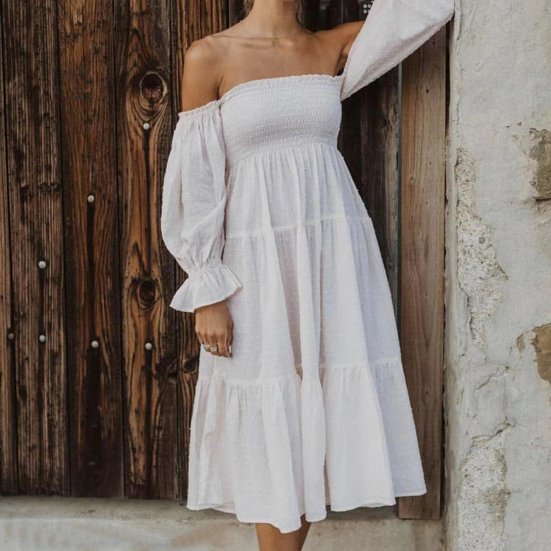 GirlKino  White Dresses For Women 2022Vintage Dress Women French Ruffle Long Sleeve Dresses Woman Party Night Vacation Dress Summer Beach