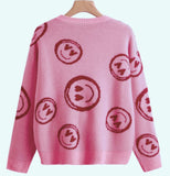 GirlKino Autumn Winter Pink Smiley Face Sweater Women's Knitted Round Neck  Tops Female Korean Loose Oversized Short Bottoming Sweaters