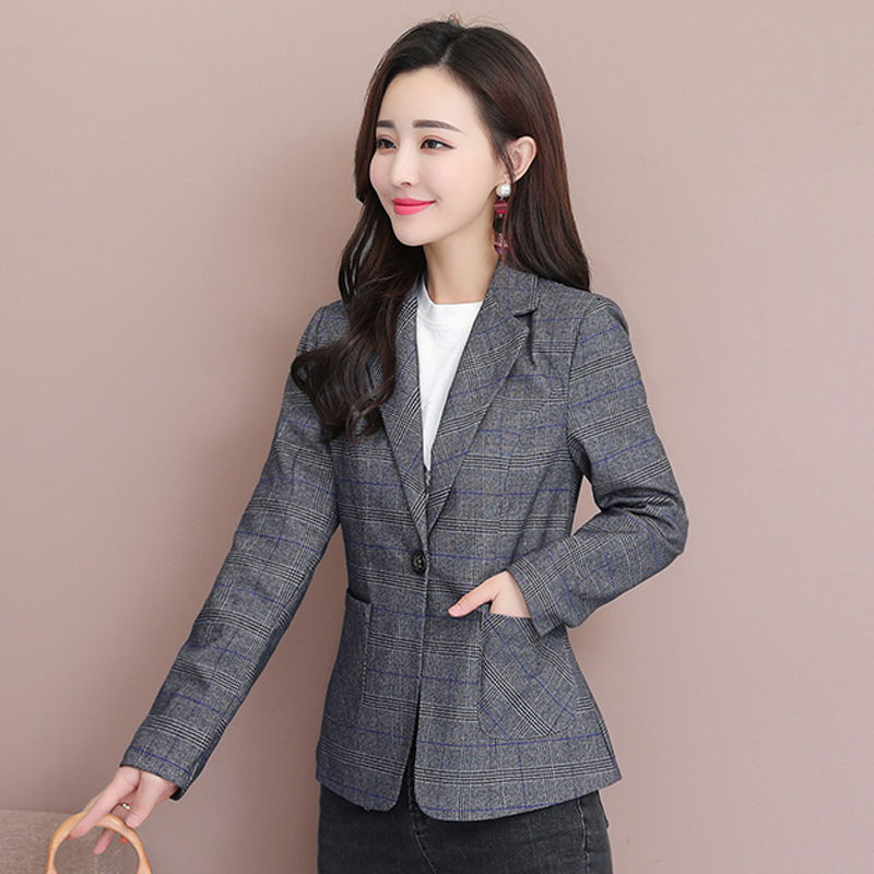 GirlKino Vintage Casual Plaid Blazer Women Fashion Single Button Office Ladies Jacket Coat Notched Collar Long Sleeve Blazer
