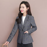 GirlKino Vintage Casual Plaid Blazer Women Fashion Single Button Office Ladies Jacket Coat Notched Collar Long Sleeve Blazer