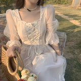 GirlKino French Vintage Midi Dress Women Lace Elegant Princess Party Fairy Dress Female 2022 Spring Casual Korean Wedding Victorian Dress