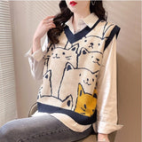 GirlKino Knitted Sweaters Women Fashion 2022 Autumn Winter Casual Pullovers V-Neck College Style Cat Print Streetwear Knit Vest Sweater