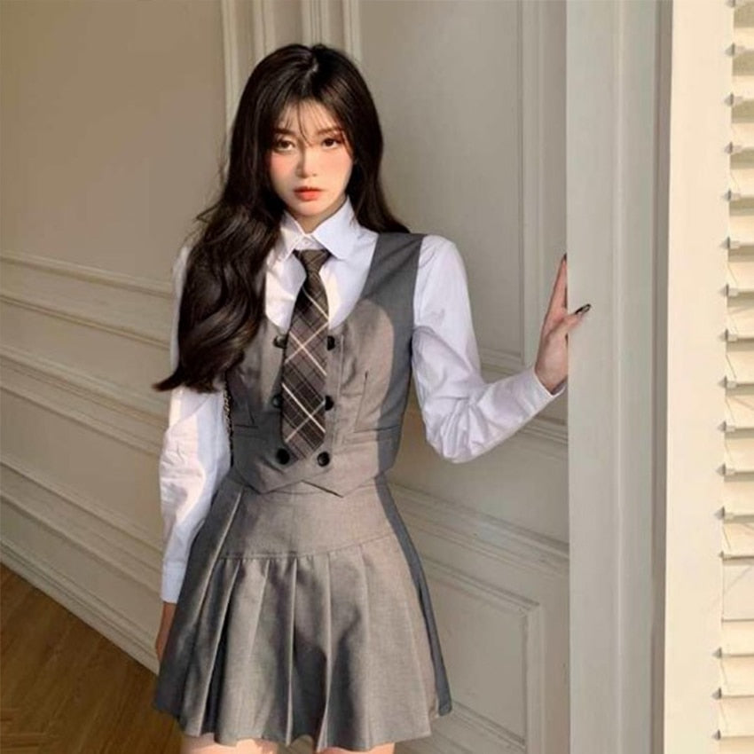 College Style Japanese Fashion Jk Suit School Uniform Girl Outfit Casual Vest Jacket Tie Pleated Skirt Shirt Slim Women 4Pcs