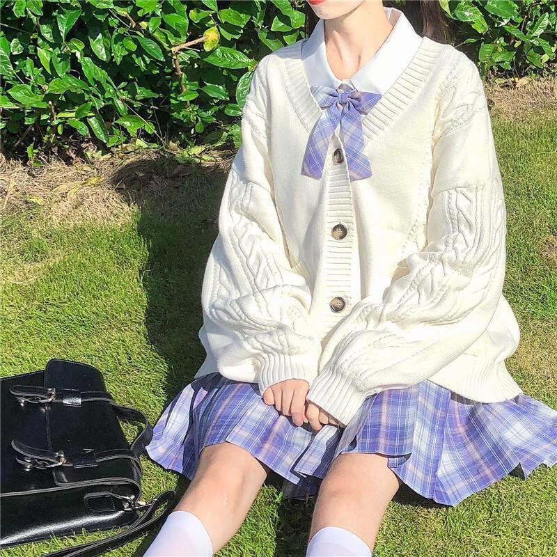GirlKino Japanese College Uniform Sweater Woman Kawaii Sweter Harajuku Knit Cardigan Student Korean Loose All-Match Jackets Oversized Top