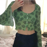GirlKino Harajuku Floral Print Green T-Shirt Y2K Aesthetics Mesh Buttons Flare Sleeve Crop Tops 90S Women Vintage Clothes Summer Tee