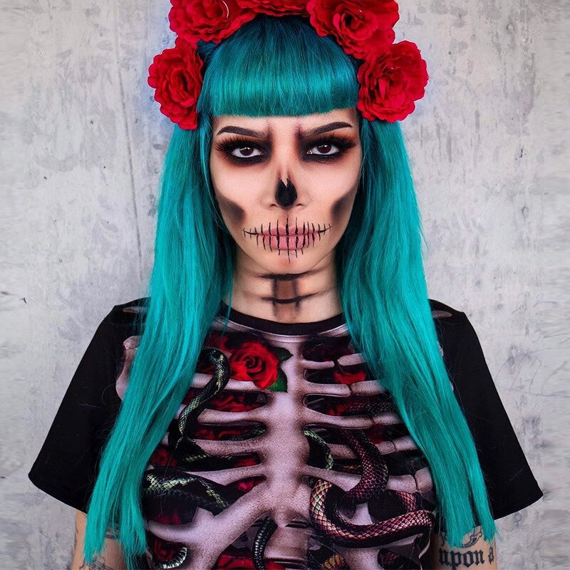 Halloween GirlKino Woman Halloween Bloody Skeleton Print Shirts Party Carnival Skull Rose Scary Zombie Night Club T-Shirt Tops Horror Bride Costume