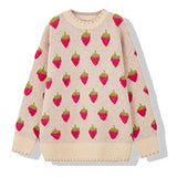 GirlKino Winter Knitted Sweater Women Strawberry Embroidery Oversized Pullovers Harajuku Casual O-Neck Loose Knitwear Jumper Sueter Mujer