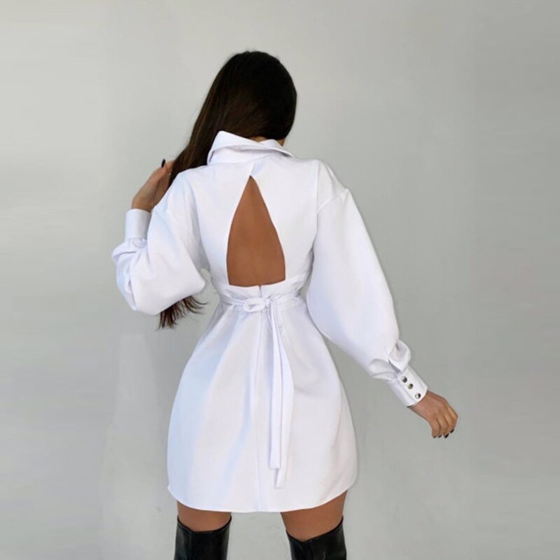 GirlKino Sexy Turn Down Collar Backless Shirt Dress Autumn Lantern Sleeve Single-Breasted A-Line Party Dresses For Women