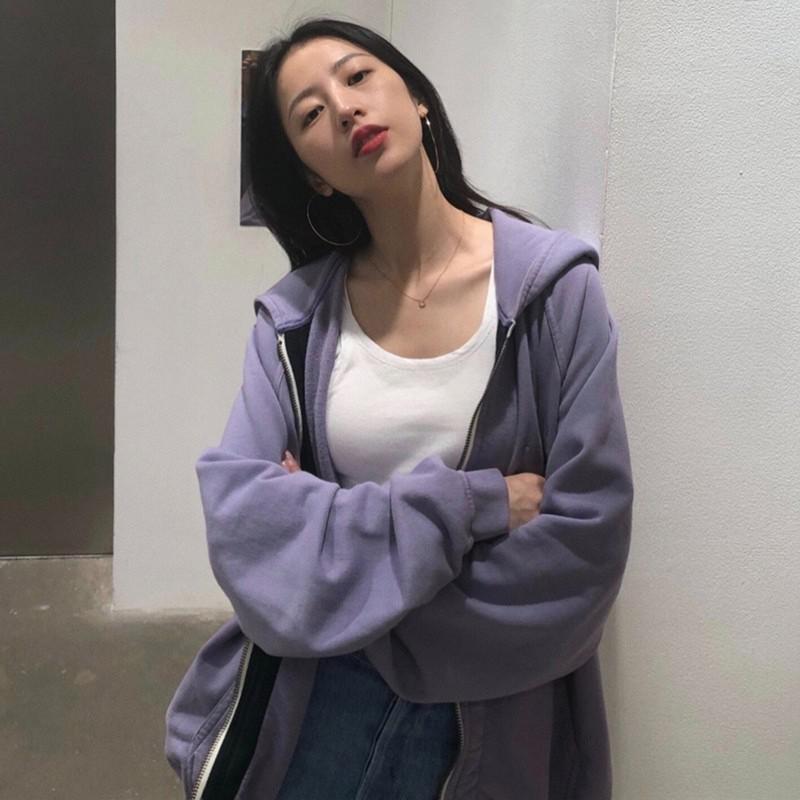 GirlKino Zip Up Women Hoodie 2022 Spring  Korean Long Sleeve Purple Sweetshirts Loose Casual Jacket Harajuku Hoodies Chic Female Clothing