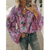 GirlKino 2022 Women Print Blouses Casual Loose Tops Stand V Neck Long Sleeves Button Plus Size Pullover Female Tee Shirts Blouse