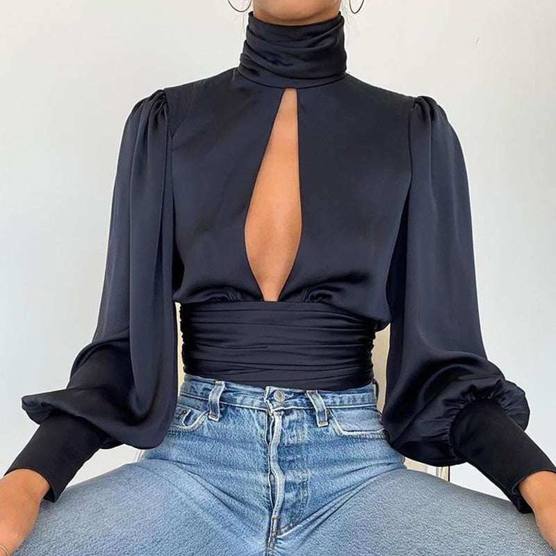 GirlKino Summer Turtleneck Satin Silk Women Blouse Sexy Hollow Out Backless Shirt Blouse Elegant Spirng Long Sleeve Pleated Tops Blusa XL