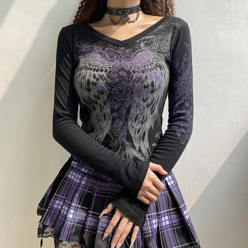 GirlKino Retro Grunge Tshirts Fairycore Harajuku Graphic Print Gray Cute Casual Tshirts Streetwear Dark Academia Tops