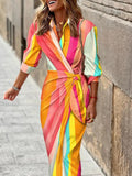 GirlKino  Elegant Ladies Design Tie-Up Commute Sundress Women Boho Folds Beach Dress Fashion Street New Printed Long Sleeve Cover-Ups Robe