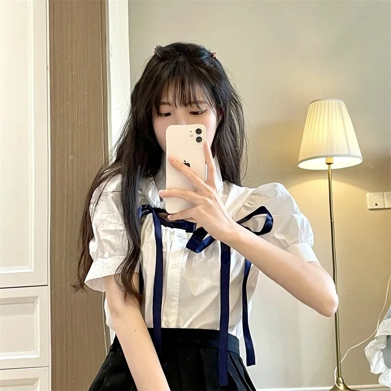 GirlKino Summer Women's  Korean Shirt 2022 New Design Sense Of Design Loose Sweet Cool Style O-Neck Bubble Short Sleeve Shirt Top