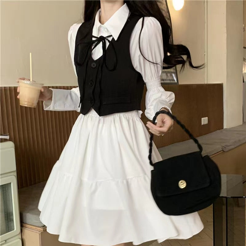 GirlKino Vintage Gothic Lolita Dress Women Harajuku Black Bandage White Mini Dress Autumn Plus Size Long Sleeve High Waist Party Vestidos