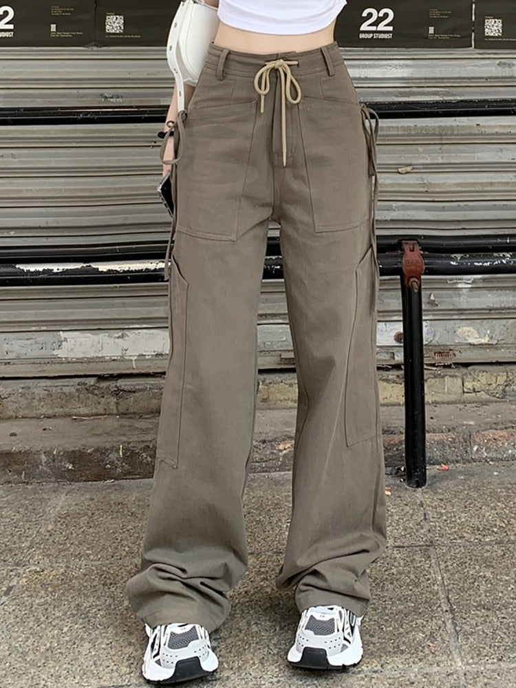 GirlKino  Autumn Retro Trousers Women Drawstring Pocket Cargo Pants Women Full Length Streetwear Fashion Vintage Pants Wide Leg