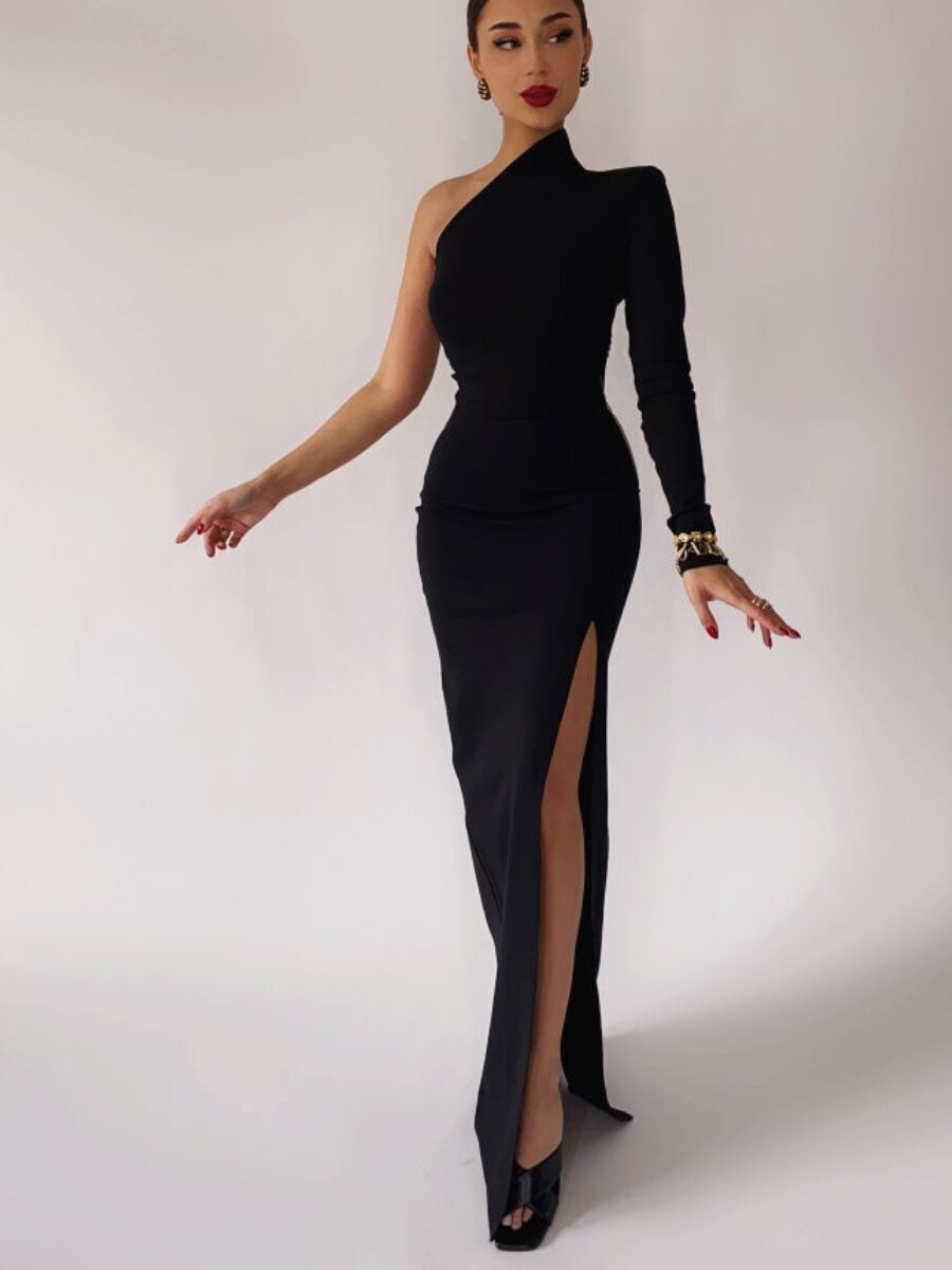 GirlKino Black Maxi Long Party Dress High Fashion Sheath Slim One Shoulder Design Long Dress Evening Wear New Arrival 2022