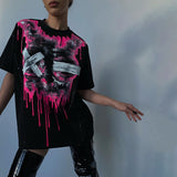 GirlKino 2022 Summer O Neck Y2K Print T Shirts Women Loose Fashion Casual Short Sleeve Graphic Black Top Tee Trendy Oversized