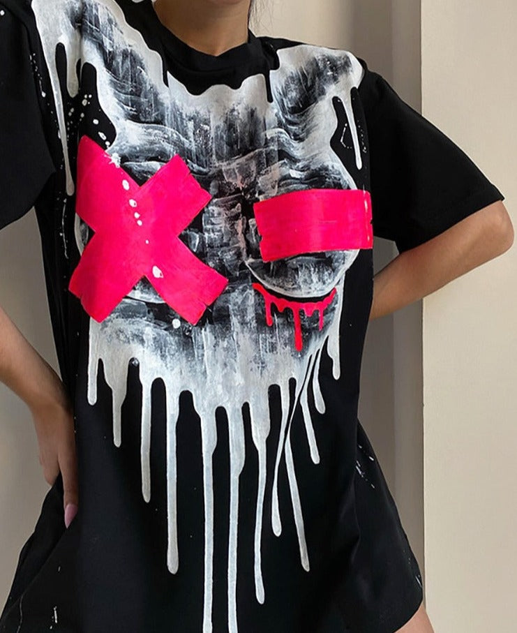 GirlKino 2022 Summer O Neck Y2K Print T Shirts Women Loose Fashion Casual Short Sleeve Graphic Black Top Tee Trendy Oversized