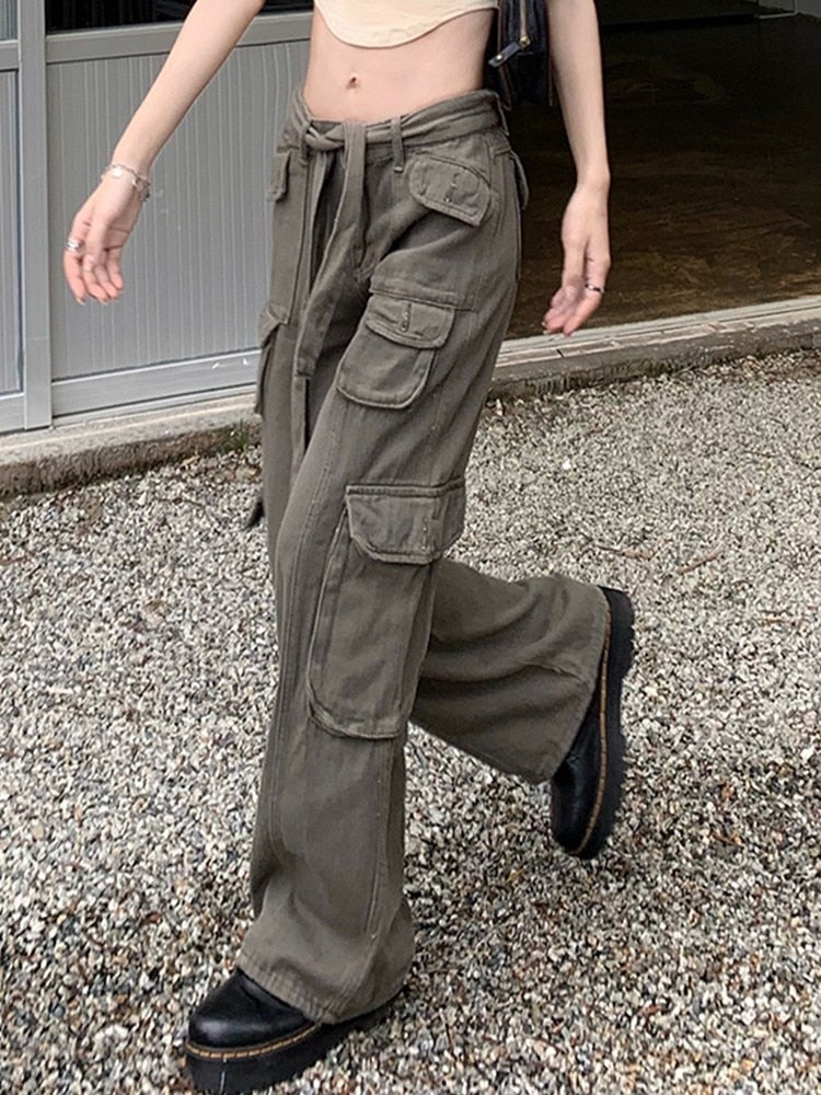 GirlKino Retro America Summer Cargo Pants Women Bottom Korean Fashion Grey Pocket Sweatpants Trousers Women Streetwears Pants
