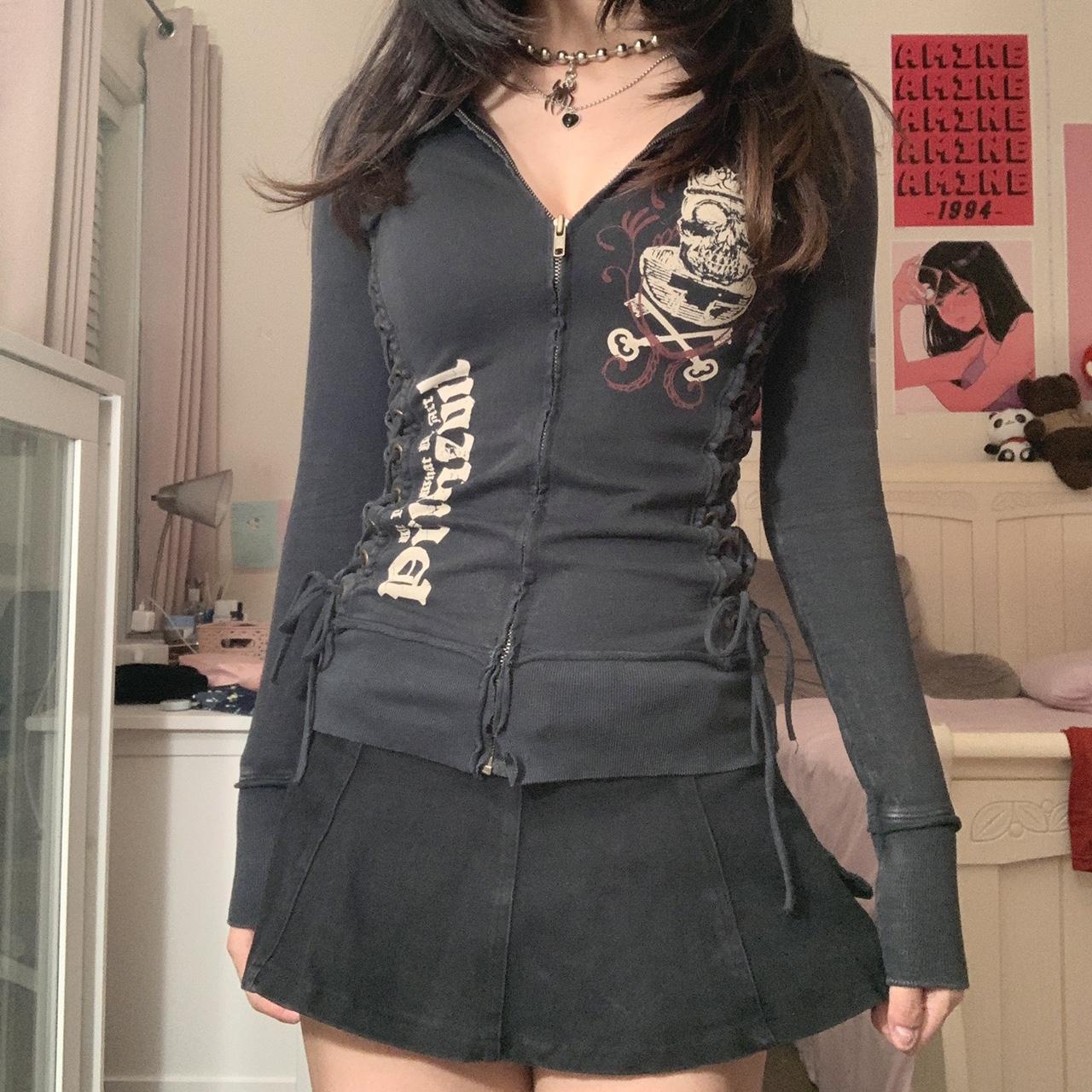 GirlKino Vintage Bandage Zip-Up Hoodies Y2k Aesthetic Print Women Long Sleeve Crop Tops 2000S Retro Jackets Grunge Clothes