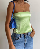 GirlKino 2022 Satin Backless Sexy Crop Top Women Green Y2K Summer Cami Bandage Sleeveless Strapless Tank Tops Off Shoulder