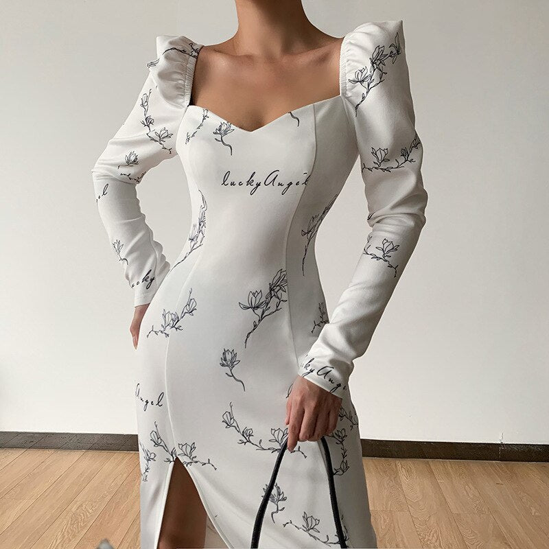 GirlKino Sexy Square Collar High Waist Split Sexy White Dress Spring Puff Sleeve Elegant Printing Party Dresses For Women 2022