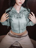 GirlKino Vintage Grunge Harajuku Sweatshirt Graphic Print E-Girl Dark Academia Y2K Zip Up Cropped Hoodie Autumn Spring Coat Top