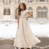 GirlKino Ivory Flower Girl Boho Long Dresses For Summer Lace Elegant Children Vacation Casual Clothes Kids Wedding Princess Party Dress
