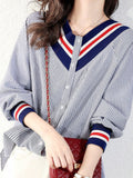 GirlKino Temperament Stripe Korea Fashion College Loose Thin V-Neck Shirt Women's Long Sleeve Cardigan Casual Coat Ladies Office
