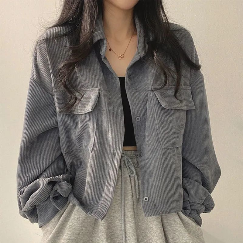 GirlKino Fashion Corduroy Jacket Women's Autumn New Korean Simple Single Breasted Long Sleeve Lapel Solid Jacket High Quality