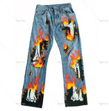 GirlKino Flame Print Jeans Street Retro Hip Hop Skull Pattern Jeans Loose Straight Pants Wide Leg Pants Couple Models Blue Jeans Women