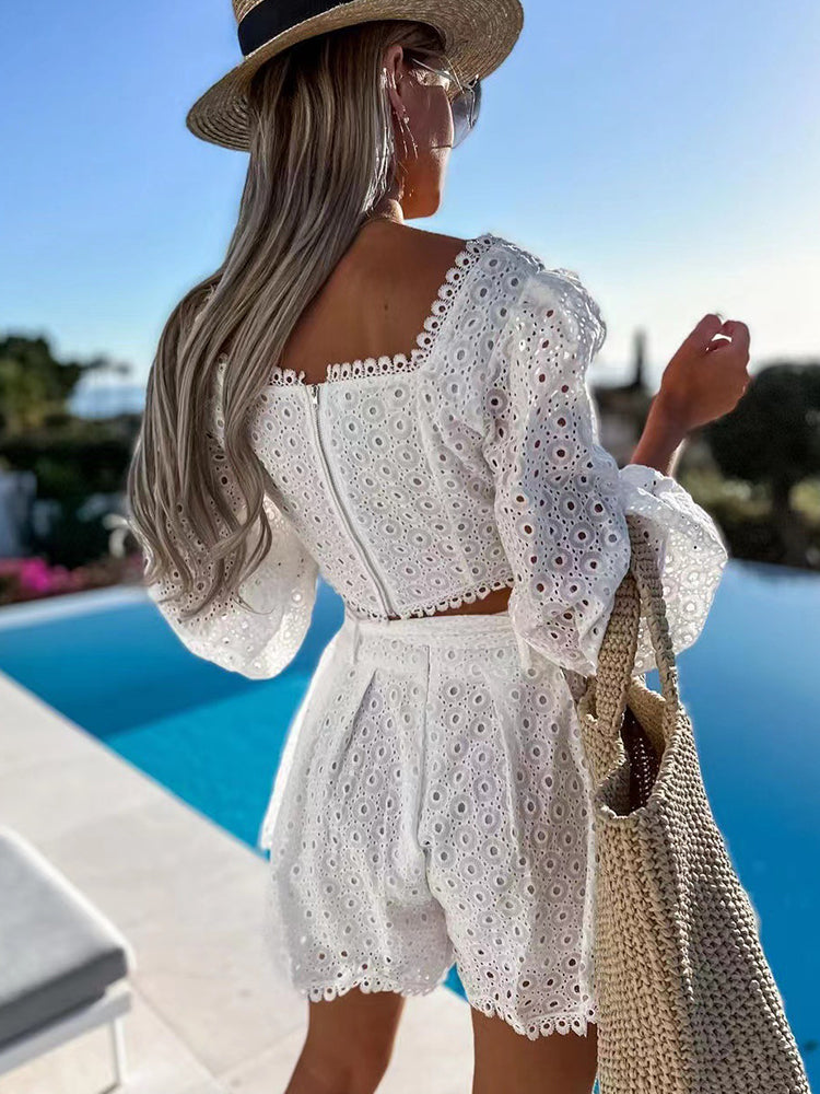 GirlKino Lady Square Collar Puff Long Sleeve Short Top High Waist Lace Up Shorts Beach Loose Women's Suits Summer Casual Solid Shorts Set