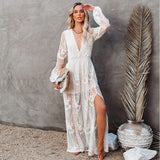 GirlKino Summer Lace Long Dress Women Bohemian Embroidered Maxi Dress Female V Neck Hollow Out Long White Casual Holiday Dress
