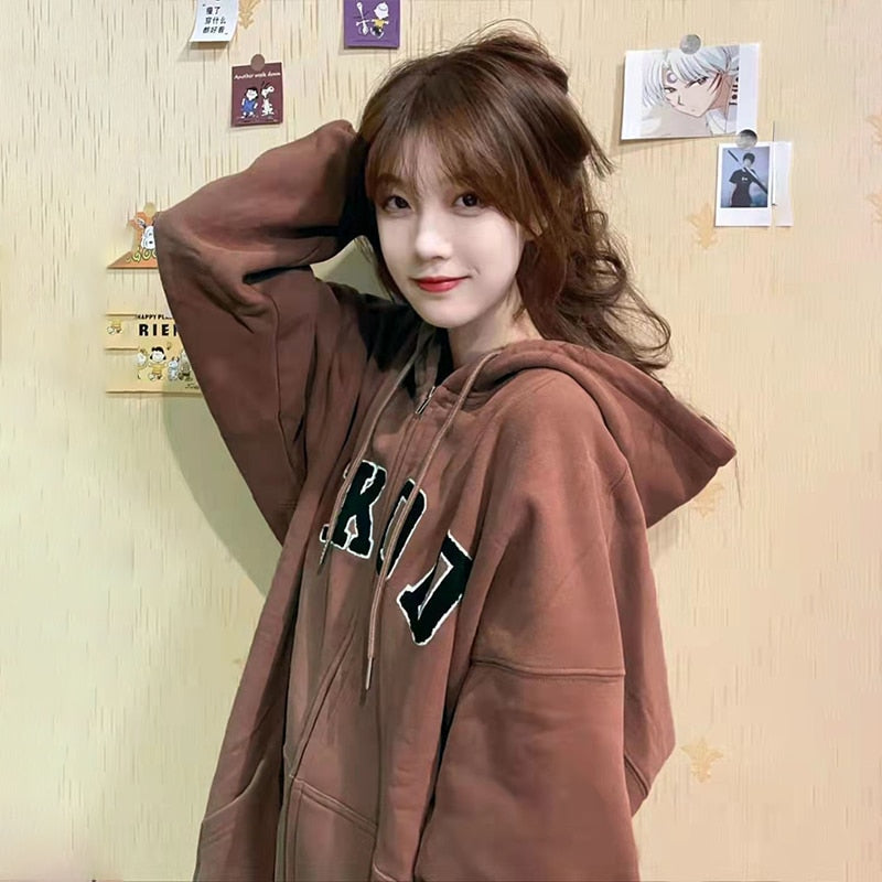 GirlKino Zipper Hoodie Jacket Y2K Women's Sweatshirt Korean Super Large Letter Printed Hoodie Street Top 2022 Spring New Coat