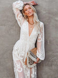 GirlKino Summer Lace Long Dress Women Bohemian Embroidered Maxi Dress Female V Neck Hollow Out Long White Casual Holiday Dress