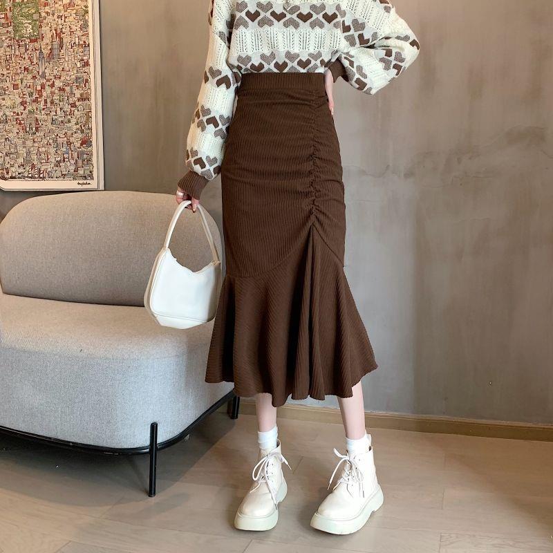 GirlKino New Corduroy Half Body Hip Wrap Skirt, 2022 Korean Slim A-Line Skirt, Ruffled Middle And Long Pleated Fishtail Skirt