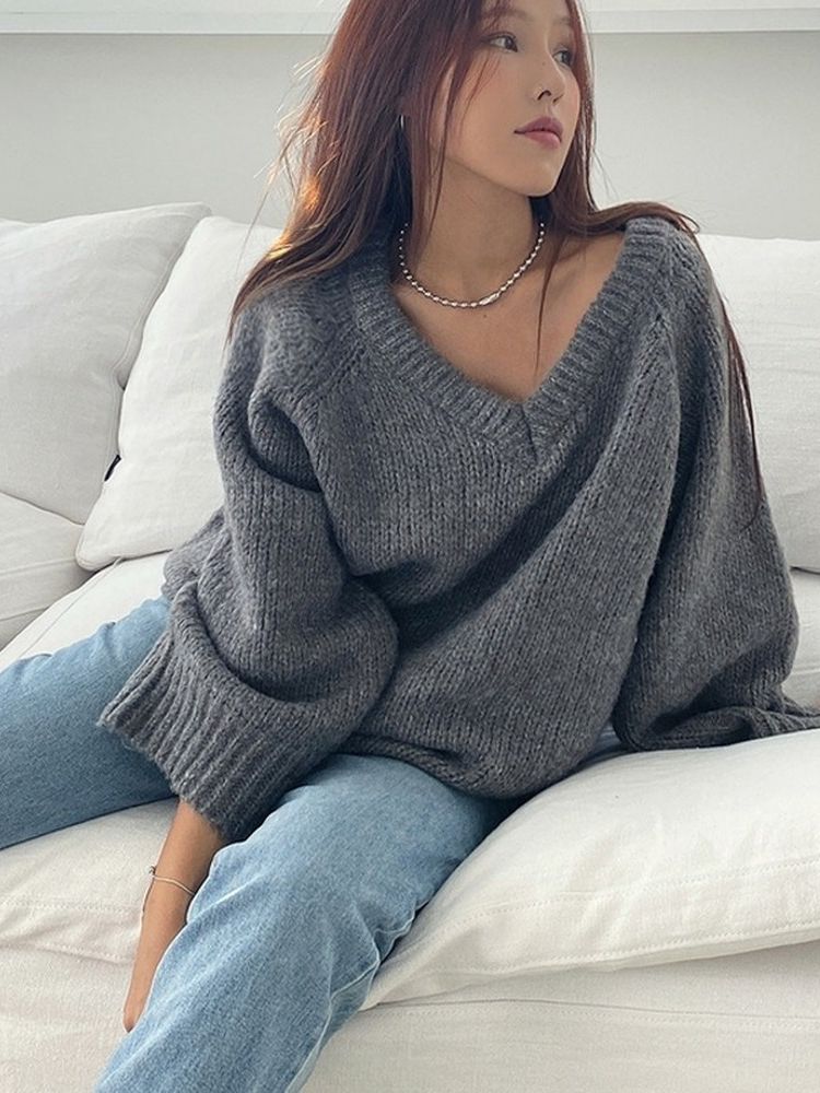 GirlKino Maxi Female Sweater Women Winter Pullover Knitting Overszie Long Sleeve Grey Tops Loose Sweaters Knitted Outerwear Thick Sexy