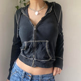 GirlKino Harajuku Vintage Zip Up Hoodies 90S Aesthetics Y2K Sweatshirts With Pockets E-Girls Dark Academia Grunge Coat Crop Top