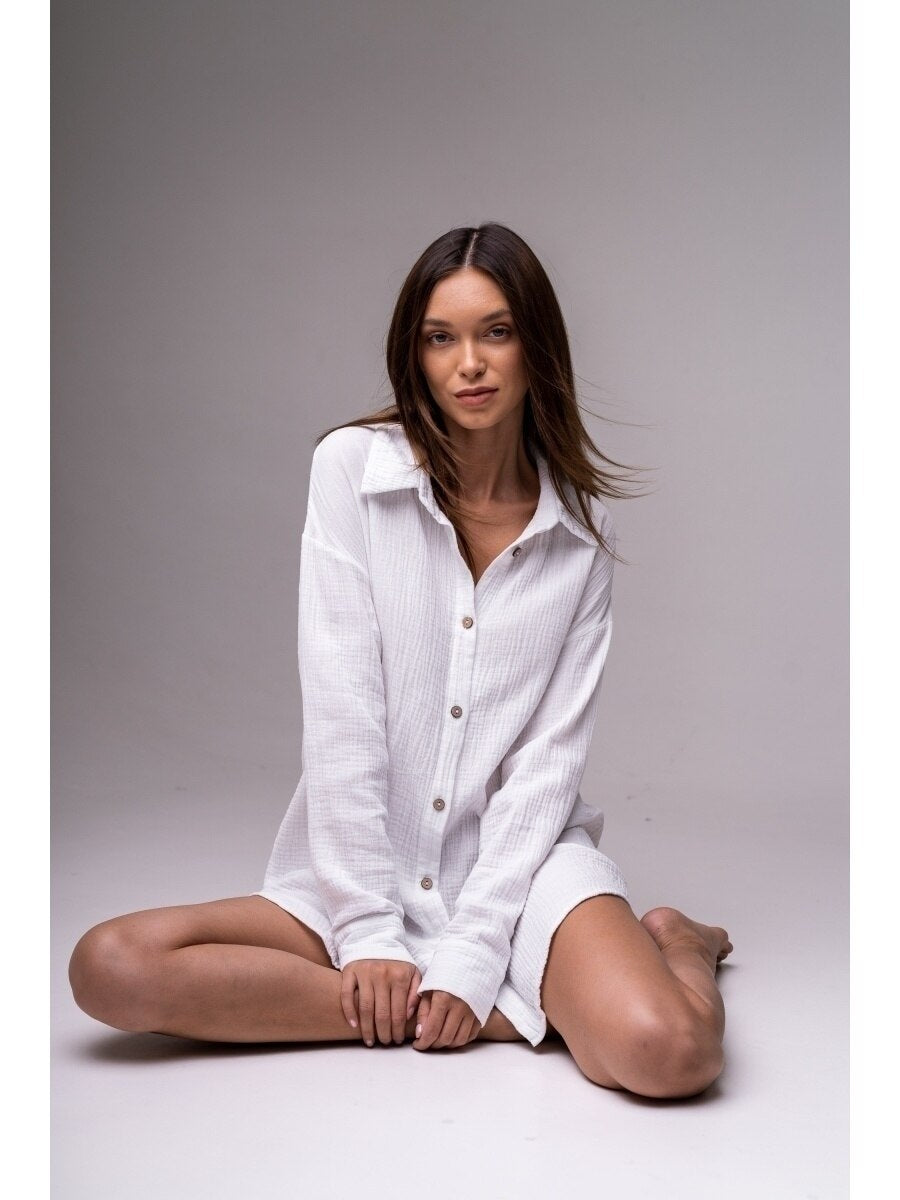 GirlKino White Button Shirt Dress Homewear Comfort Casual Dress Long Sleeve Single Breasted Lapel Sexy Mini Length 2022 New