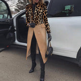 GirlKino Office Lady Vintage Leopard Patchwork Long Outerwear Lapel Slim Coat Top Autumn Winter Long Sleeve Single Breasted Casual Jacket