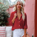GirlKino Casual White Women Shirts Fall Loose Lapel Solid Blouses Summer Elegant Office Lady Shirts Long Sleeve Cardigan Buttons Tops