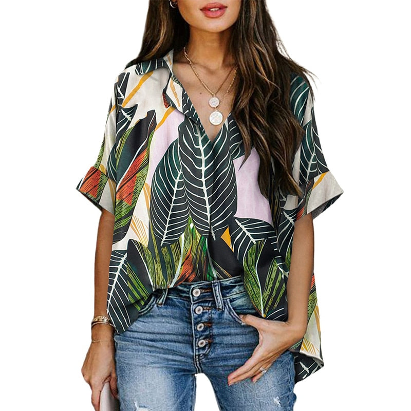 GirlKino Print Chiffon Blouses  Summer Floral Women Casual Tops Turn Down Collar Short Sleeves Office Lady Leaf Bohemian Blouse