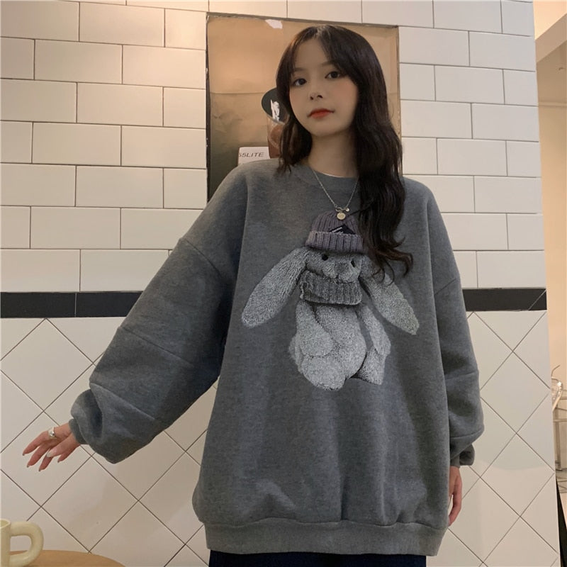 GirlKino Harajuku Street Winter Sweatshirt Woman Kawaii Rabbit Pattern Warm Loose Pullover Stylish Casual Hip Hop Hoodie Streetwear