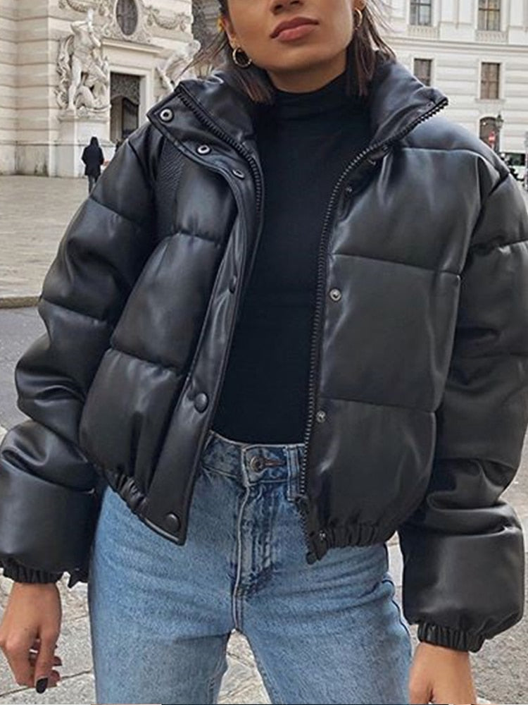 GirlKino Winter Thick Warm Short Parkas Women Fashion Black PU Leather Coats Ladies Elegant Zipper Cotton Jackets Female Ouwear