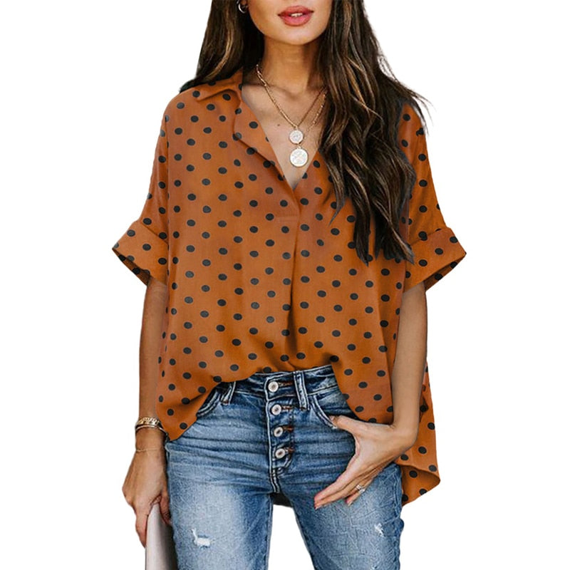 GirlKino Print Chiffon Blouses  Summer Floral Women Casual Tops Turn Down Collar Short Sleeves Office Lady Leaf Bohemian Blouse