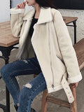 GirlKino New Women Lamb Fur Faux Leather Jacket Coat Turn Down Collar Winter Thick Warm Zipper With Belt Outerwear