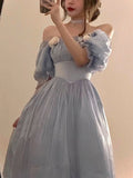 GirlKino Vintage Elegant Midi Dresses Women Spring Blue Patchwork Retro Evening Party Dress 2022 French Sweet Korean Princess Fairy Dress